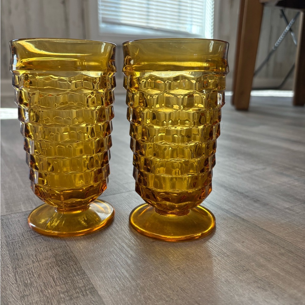 Set of 2 Indiana Glass Co Amber Whitehall Footed 6” Tumbler with Flared Rims